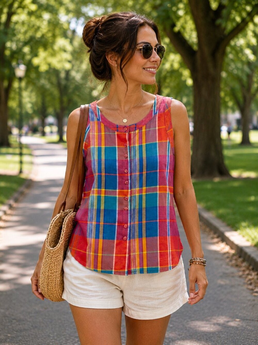 TECHNICS Vintage 100% Cotton Plaid Tank Top Bright Madras Button Front Sz. Small